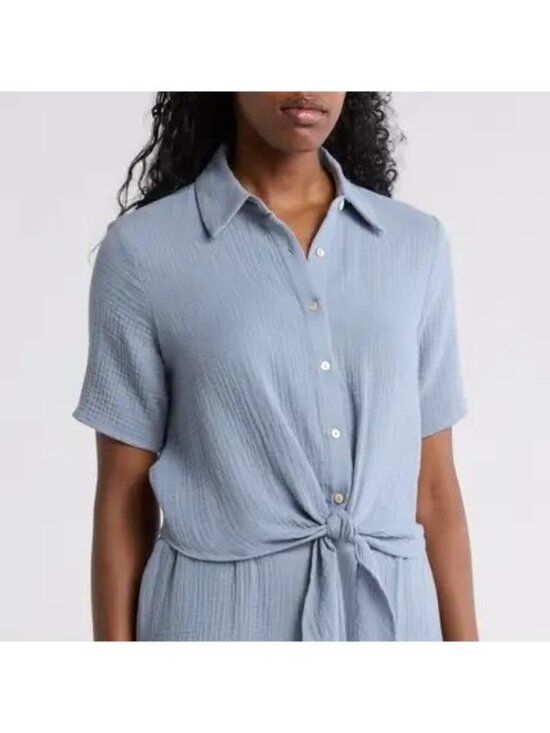 T Tahari Tops - T Tahari Short Sleeve Tie Front Cotton Gauze Shirt Blue XL New Nordstrom
